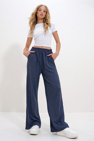 Trend Alaçatı Stili Indigo Women's Wide Leg Trousers - High Waist Elastic Alc-X12712