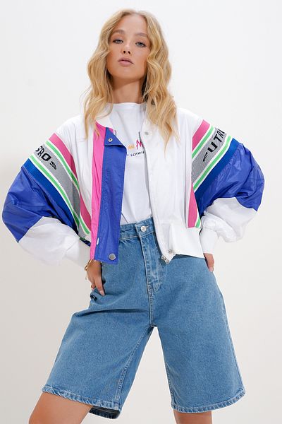 Trend Alaçatı Stili White Color Blocked Oversize γυναικείο μπουφάν - Snap Close, Alc-X12617