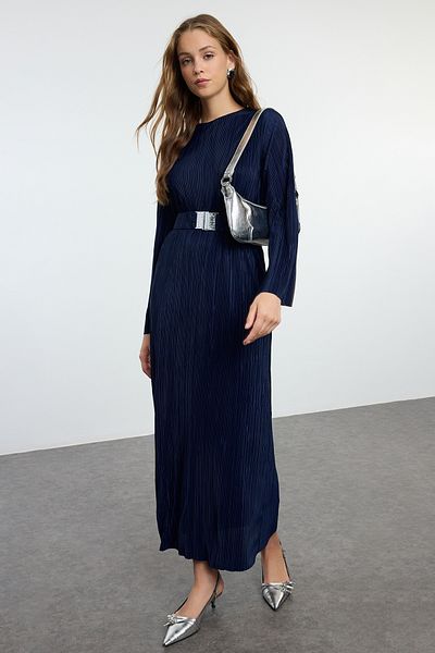 Trendyol Modest Kötött rakott ruha - sötétkék, övrészlet, TCTSS24EB00154