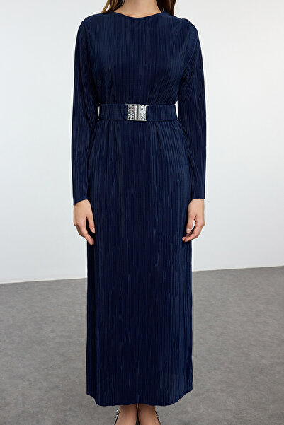 Trendyol Modest Kötött rakott ruha - sötétkék, övrészlet, TCTSS24EB00154