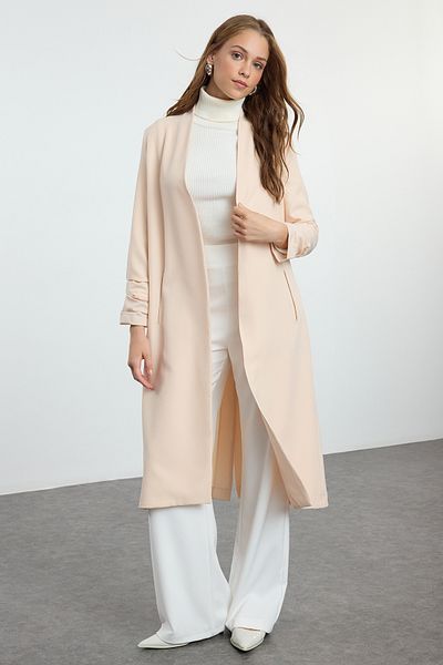 Trendyol Modest Beige gewebte Kappe – Manschetten-Kordelzug-Detail, Ferace und Abaya TCTAW25KF00015