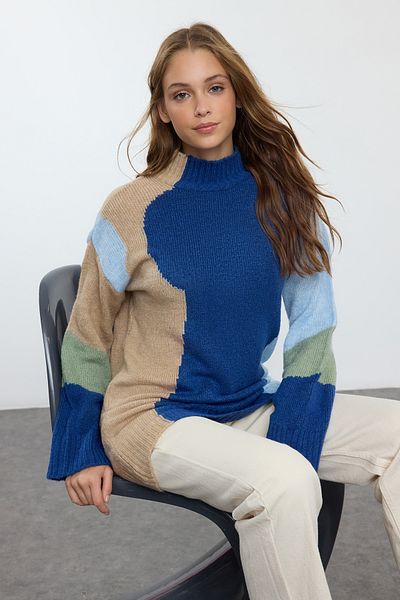 Trendyol Modest Strickpullover - Blauer Farbblock, TCTAW25AK00021