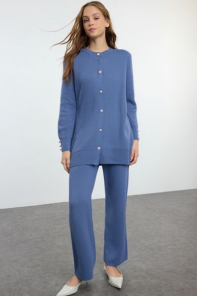 Trendyol Modest Vrchní a spodní sada pletenin Indigo - Pearl Button Tctaw25Us00035