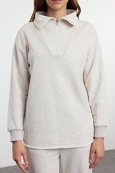Trendyol Modest OvErsizE BEigE mElangE KnittEd Tracksuit SEt - ZippErEd TCTAW25EN00003