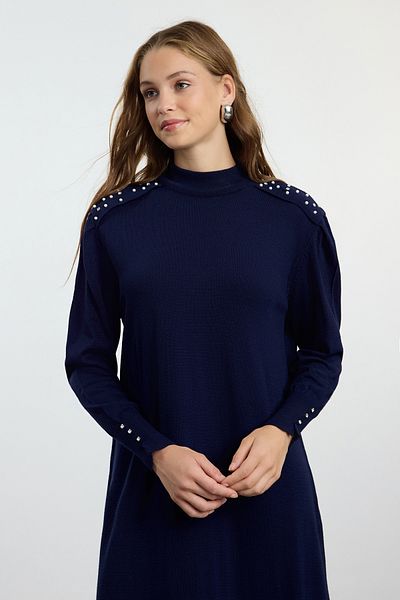 Trendyol Modest Πλεκτό φόρεμα μπλε ναυτικό με πέρλα/πέτρα λεπτομέρεια - TCTAW25EB00054