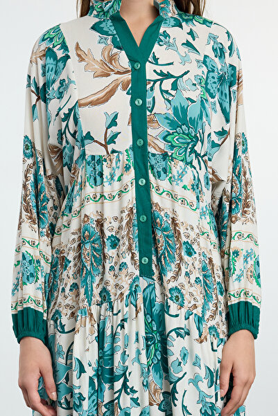 Trendyol Modest Πράσινο φλοράλ υφαντό φόρεμα από βισκόζη TCTSS24EB00221