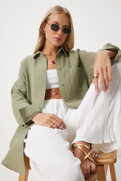 Happiness İstanbul Green Oversize Muslin Women's Shirt - Mx00150