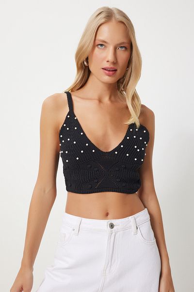 Happiness İstanbul Black Pearl Detailed Openwork Crop Knitwear - Fn03366