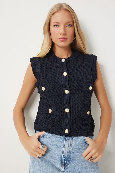 Happiness İstanbul Schwarze Strickweste – Stilvoll geknöpft, strukturiert, Damen DP00210