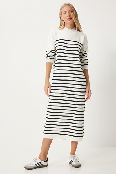Happiness İstanbul Ecru gestreiftes Damen-Strickkleid – lockerer Schnitt DD01340