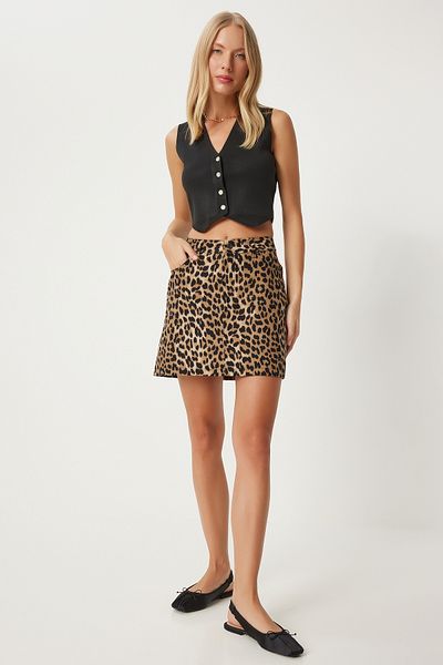 Happiness İstanbul Schwarz-beiger Mini-Jeansrock mit Leopardenmuster für Damen - Ul00041