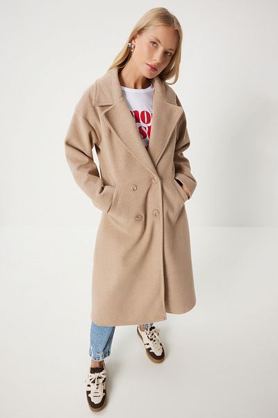 Happiness İstanbul Damen-Cashew-Mantel mit zweireihigem Kragen – Keks DD01337
