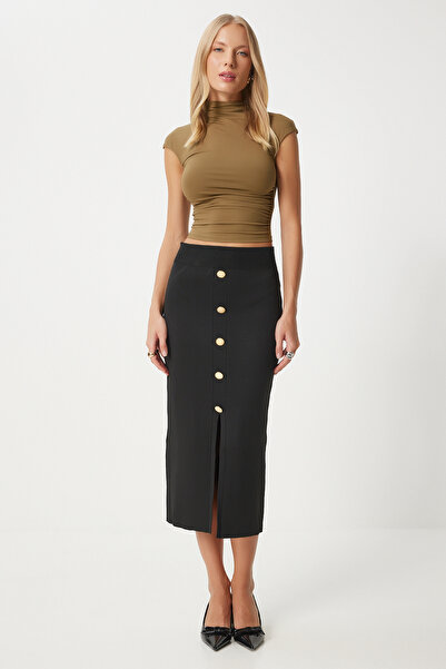 Happiness İstanbul Černá úpletová sukně - Detail na knoflík a rozpark Fn03359