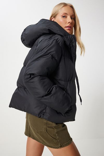 Happiness İstanbul Schwarze Pufferjacke mit Kapuze für Damen RV00064