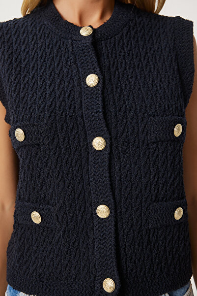 Happiness İstanbul Black Knitwear Vest - Stylish Buttoned, Textured, Women's Dp00210