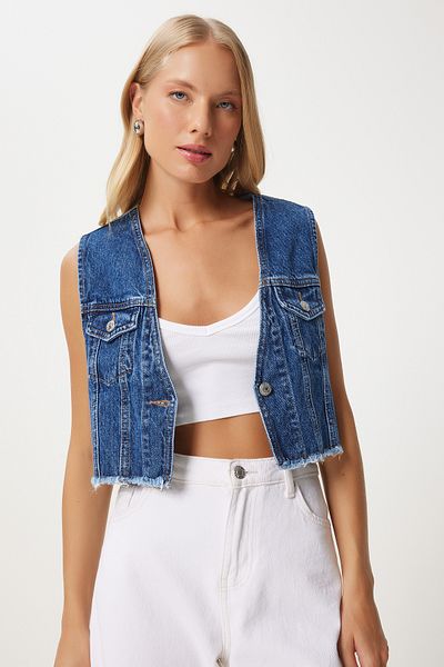 Happiness İstanbul Vestă de denim crop albastru închis - cu buzunare, femei, OK00063