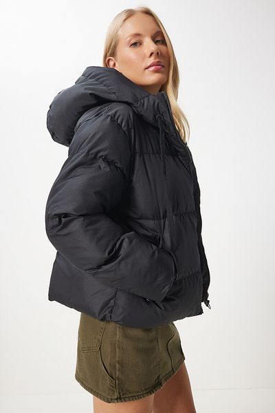 Happiness İstanbul Schwarze Pufferjacke mit Kapuze für Damen RV00064