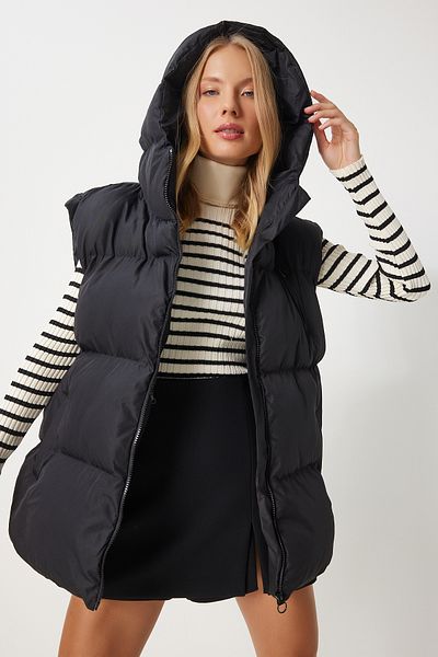 Happiness İstanbul Schwarze, übergroße Pufferweste mit Kapuze für Damen RV00055