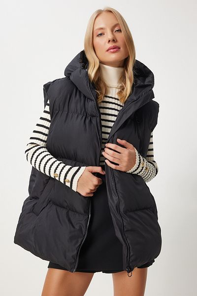 Happiness İstanbul Schwarze, übergroße Pufferweste mit Kapuze für Damen RV00055