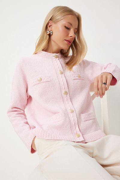 Happiness İstanbul Rosa Damen-Strickjacke – geknöpft und strukturiert DP00211