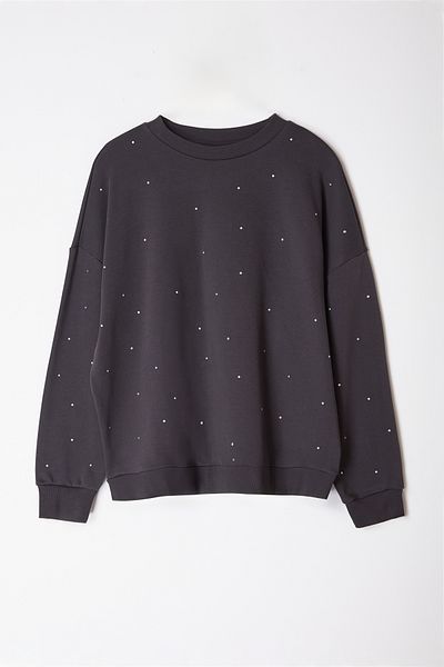 Trendyol Curve Anthrazitfarbenes, dickes, gestricktes Sweatshirt mit Steinstoff, große Größe TBBAW24SW00000