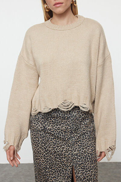 Trendyol Collection Stone Crop Wide Fit Pulover moale cu textura moale și detaliu de curățare TWOAW24KZ00319