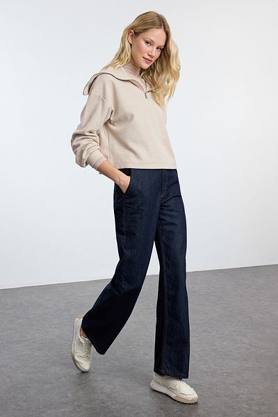 Trendyol Collection Magas derekú sötétkék egyenes farmernadrág - vasnyom TWOAW25JE00114
