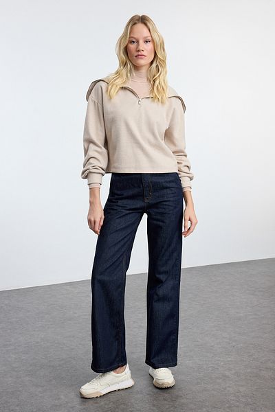 Trendyol Collection Magas derekú sötétkék egyenes farmernadrág - vasnyom TWOAW25JE00114