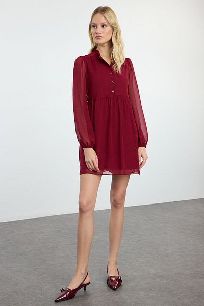 Trendyol Collection Μπορντό Μίνι υφαντό χειμερινό φόρεμα με ανοιχτή μέση TWOAW25EL00352