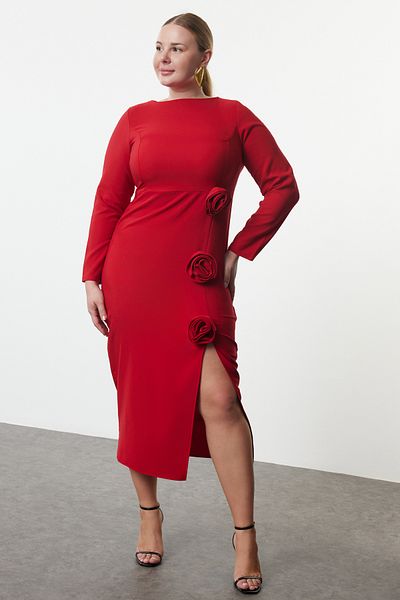 Trendyol Curve Plus Size Red Maxi Dress - Woven with Boat Neck and Slit and Roses TBBAW25AH00058