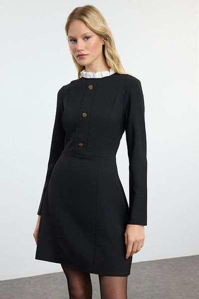 Trendyol Collection Rochie neagră mini în formă de A - Detaliu nasturi, țesut, TWOAW25EL00132