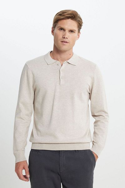 ALTINYILDIZ CLASSICS Pánský úpletový svetr s pololímečkem s límečkem Béžová Melange Standard Fit Regular Cut