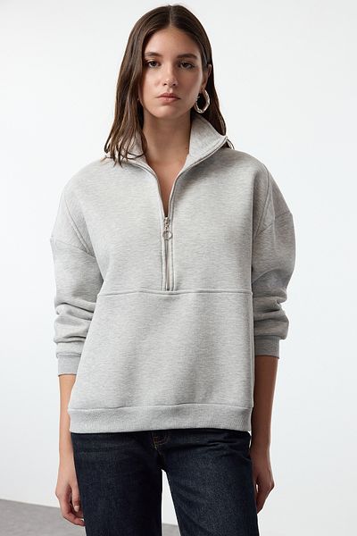 Trendyol Collection Oversize fleece šedá pletená mikina – poloviční zip, silná vnitřní strana Twoaw24sw00416