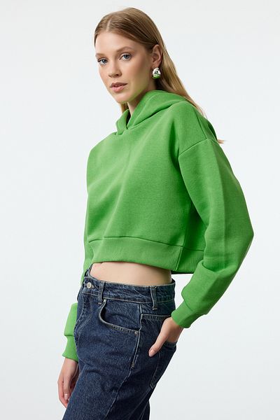 Trendyol Collection Zelená fleecová mikina s kapucí - Relaxed Fit TWOAW24sw00105