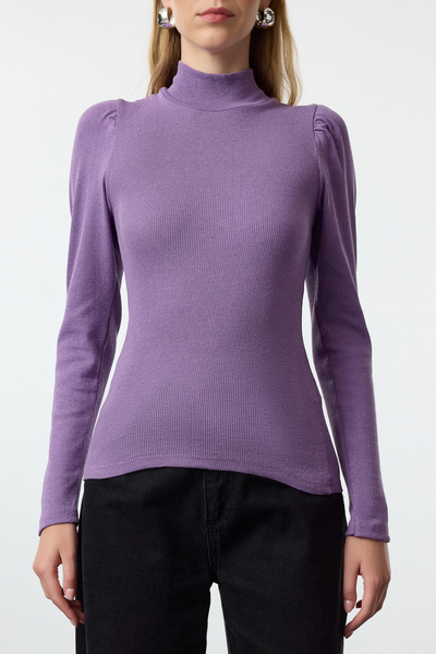 Trendyol Collection Ευέλικτη πλεκτή μπλούζα λιλά με κορδόνι - γιακάς, μπαλόνι μανίκι, εφαρμογή σώματος TWOAW25BZ00077