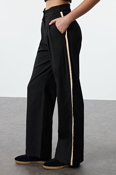 Trendyol Collection Black Linen Trousers with Wide Leg Side Stripes - TWOAW25PL00028