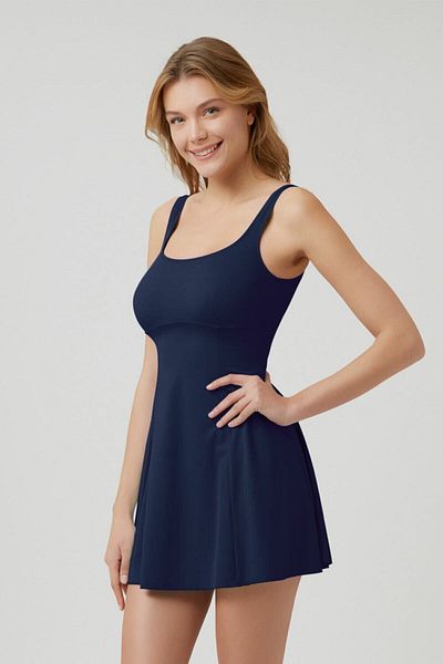 Kom Round Neck Jerom Solid Color Compact Dress Swimsuit