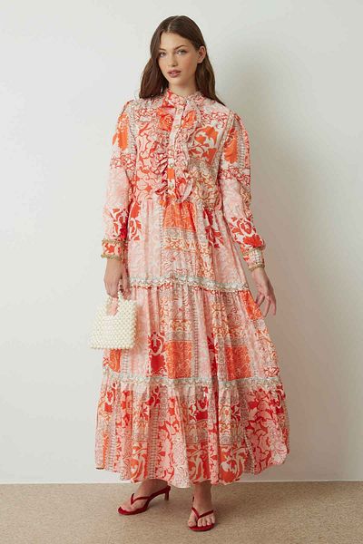 Hooopstore Orange Floral Ethnic Printed Dress