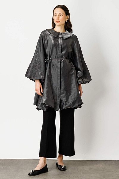 Hooopstore Black Balloon Sleeve Shiny Textured Cap