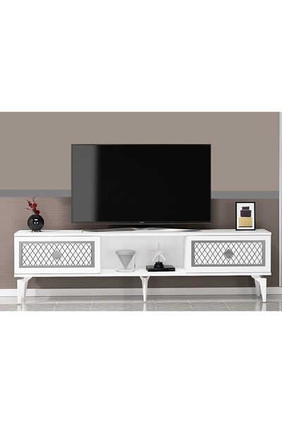 DEMONTE DECOR 2 Kapaklı, Raflı Herry Tv Sehpası Alt Modül Beyaz-gümüş