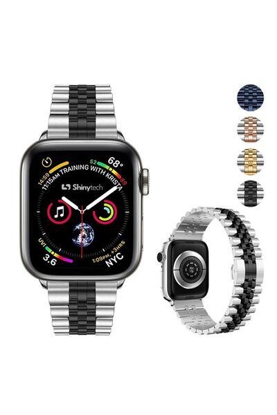 Shinytech Apple Watch Modern Jubile Çelik Kordon Se/3/4/5/6/7/8/9 42,44,45,49mm W10 46,49mm Gümüş/siyah