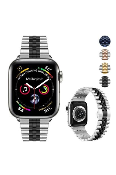 Shinytech Apple Watch Modern Jubile Çelik Kordon Se/3/4/5/6/7/8/9 38,40,41mm W10 42mm Gümüş/siyah