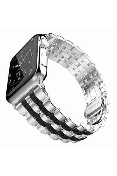 Shinytech Apple Watch Klasik Jubile Çelik Kordon Paslanmaz Se/3/4/5/6/7/8/9 38,40,41mm W10 42mm Gümüş/siyah