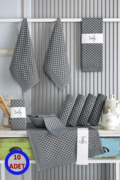 LADYNİL 10 Piece Black Kitchen Napkin Checkerboard Patterned Cotton