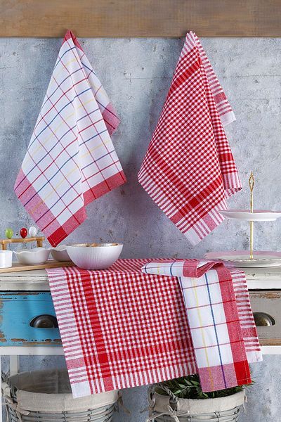 LADYNİL Set de 4 prosoape de bucatarie - servetel german 50x70 cm 100% bumbac si carouri Petite spalate rosu