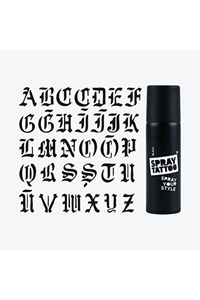 ONE SPRAY TATTOO Gotik Harf Dövme Şablon Seti + Siyah Sprey - Tattoo & Stencil Geçici Vücut Dövmesi Kalıbı