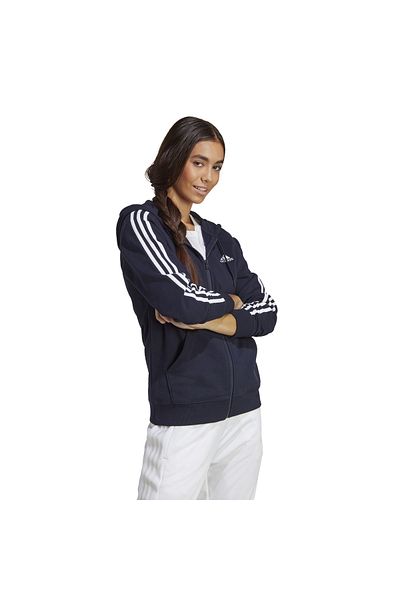 adidas Jachetă Essentials bleumarin pentru femei - Terry franțuzesc cu 3 dungi, croială obișnuită, cu fermoar complet Ic9918