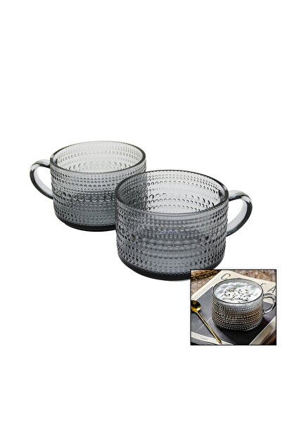 Trade Jam 2 Parça Aron Grey Kulplu Cam Kase Bardak (HOBİCİTY)