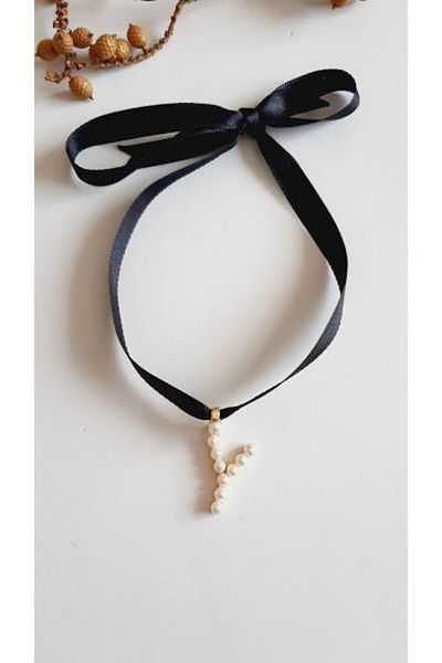PETEK AKSESUAR Letter Y Style Pearl Ribbon Choker Necklace