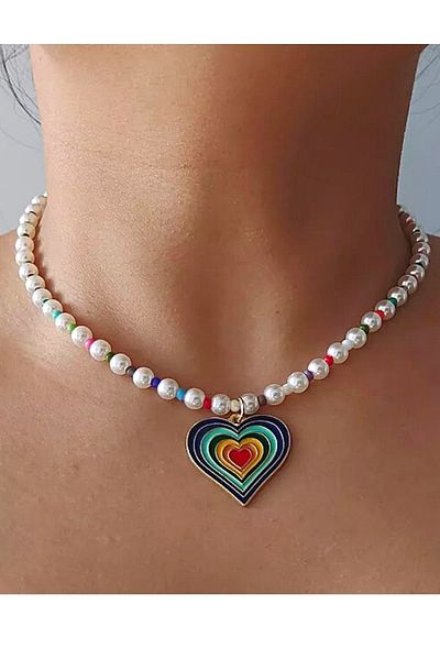 PETEK AKSESUAR Colorful Heart Necklace with Pearls